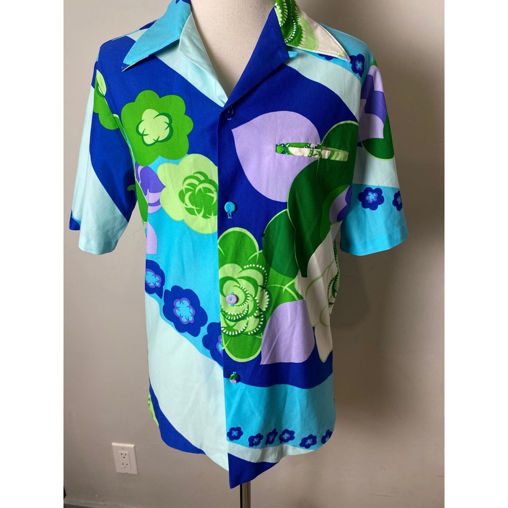 Vintage 60s Psychedelic Floral Button Up Shirt Blue Green Mod Retro Short Sleeve